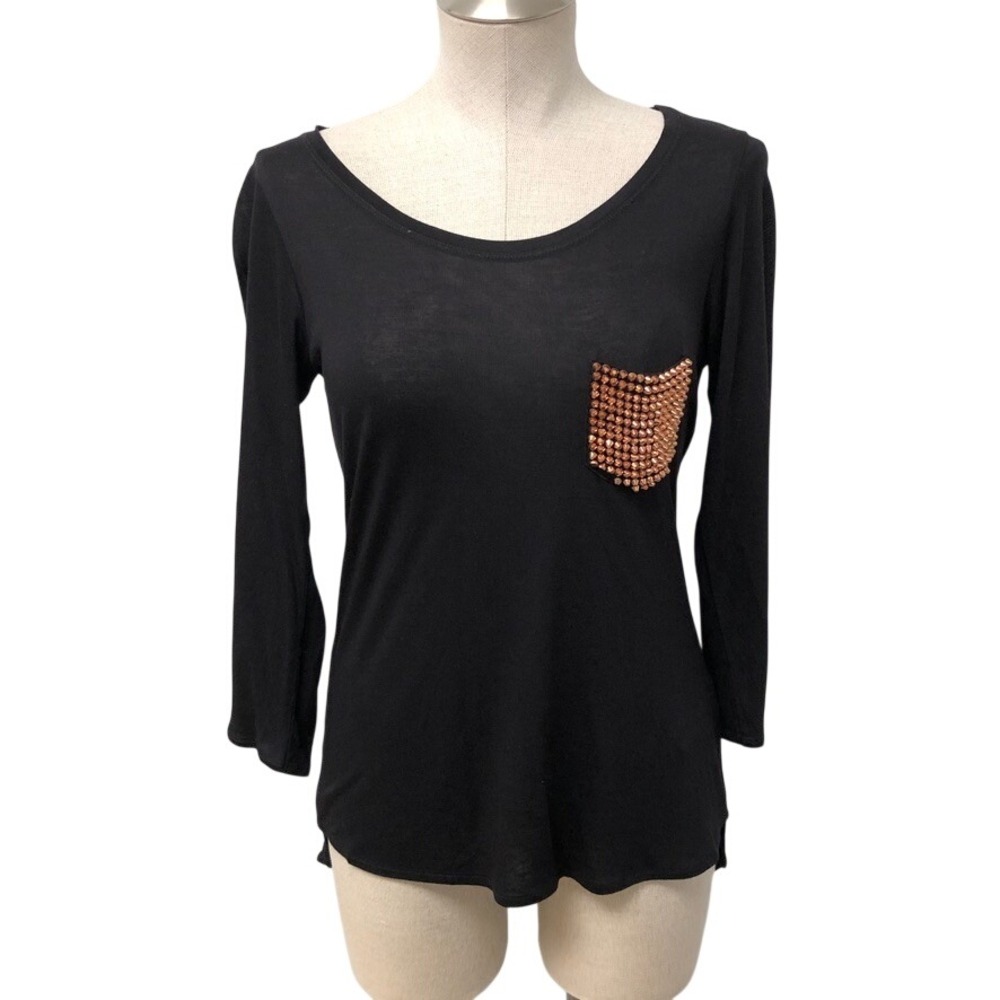 Karen Millen T-Shirt Womens 10 Black Studded Pocket Long Sleeve Edgy‎